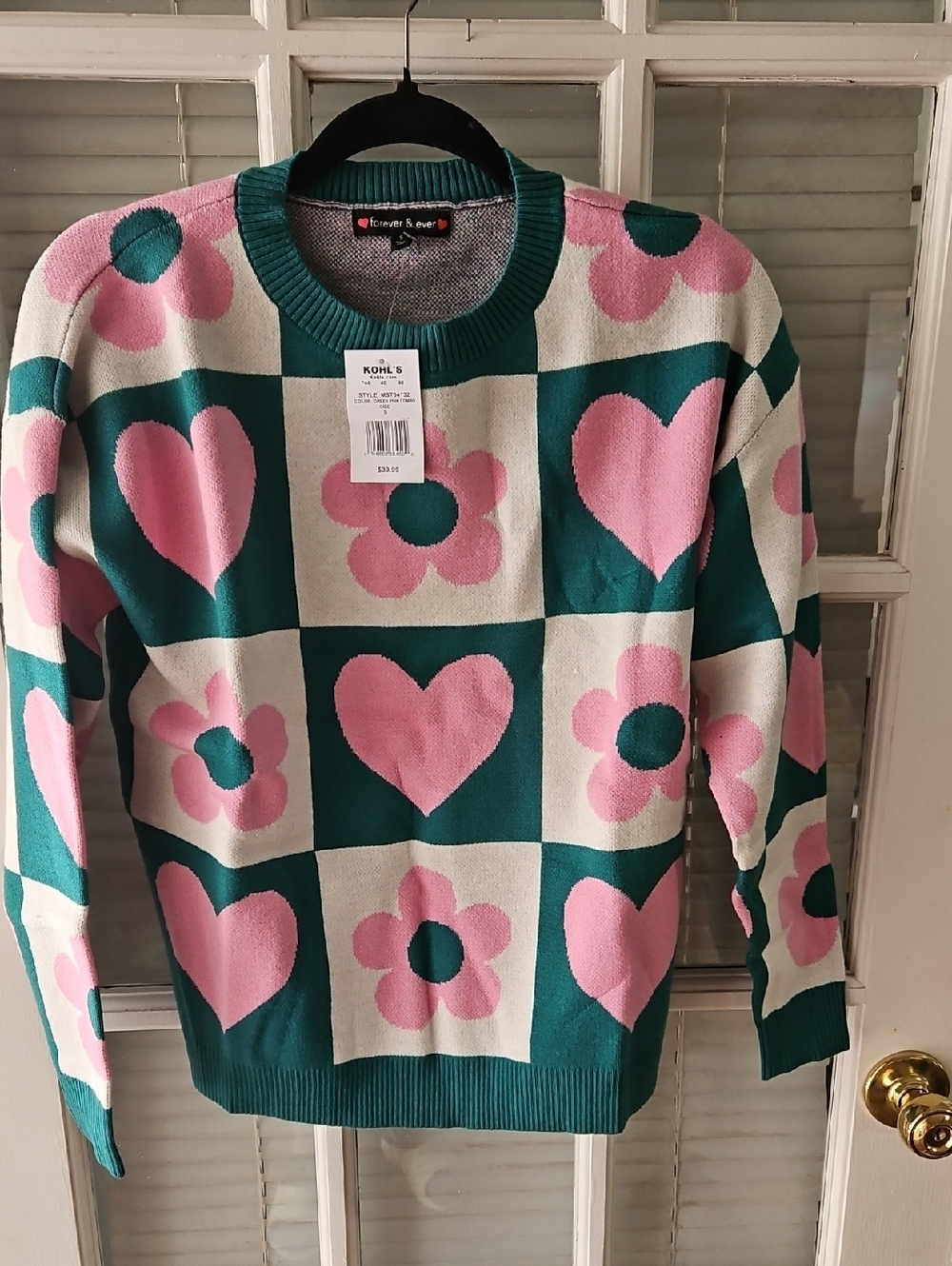 NWT Forever & Ever Retro Heart & Flower Knit Sweater - Pink & Teal.  Sz Small